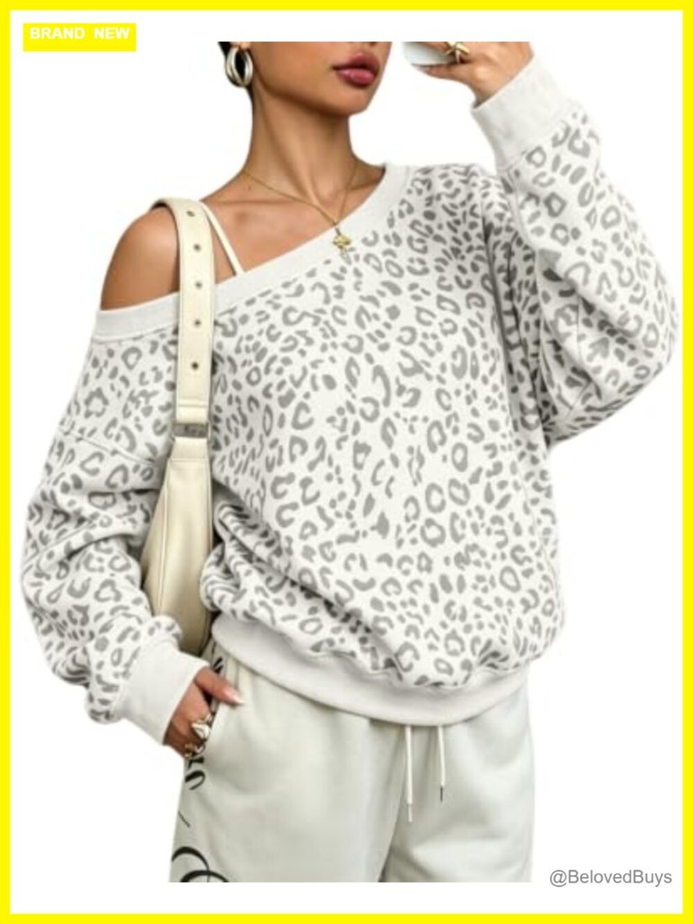 Oversized Leopard Print Fleece One Shoulder Sweatshirt Y2K Grunge